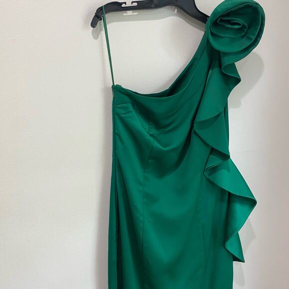 Mango Dark Green One-Shoulder Rose Ruffle Maxi Dress Size 8 - Picture 3 of 10